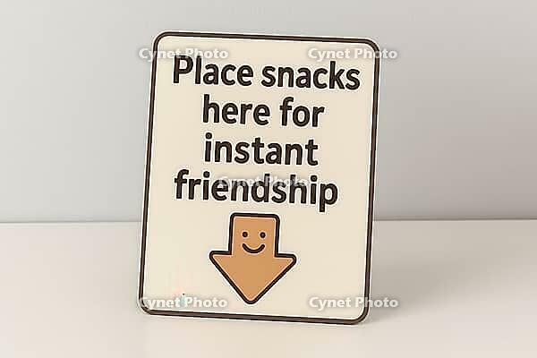 Humorous sign suggests placing snacks for instant friendship, featuring a downward arrow with a smiley face, AI generated [IBR125421201]