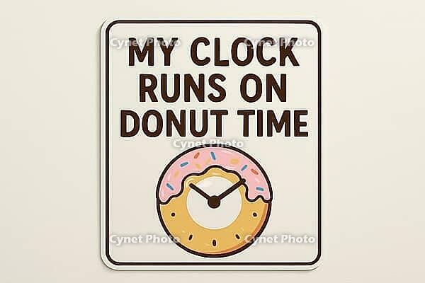 Square sign featuring a donut shaped clock and the phrase My Clock Runs On Donut Time, ideal for kitchen, cafe, or bakery decor, AI generated [IBR125421202]