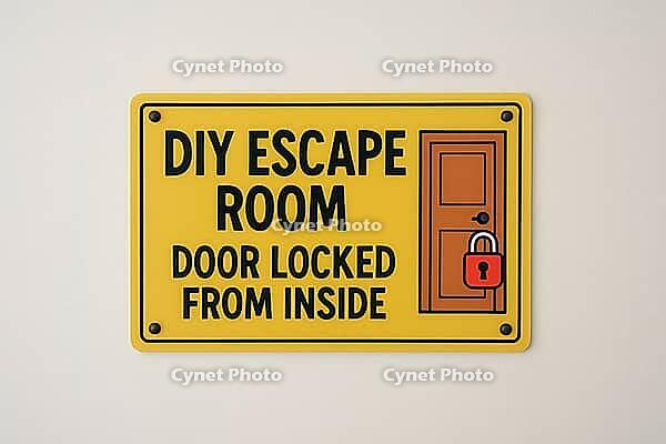 Yellow DIY escape room sign with door and lock icons, indicating that the door is locked from inside, AI generated [IBR125421203]
