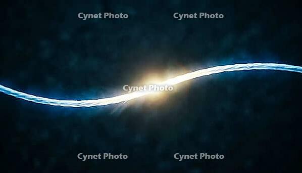 Abstract glowing blue to white yellow stress concentration gradient along a curved fiber line, dark background, aramid fiber engineering stress analysis concept, AI generated [IBR125421204]
