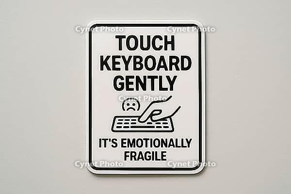Close up of a funny sign recommending to touch keyboard gently because it's emotionally fragile, AI generated [IBR125421205]