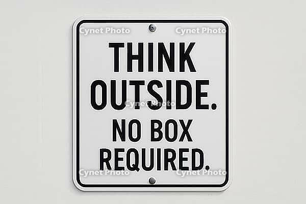 White sign with black writing encouraging thinking outside the box, promoting unconventional ideas and creative solutions, AI generated [IBR125421206]