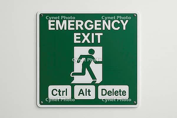 Green emergency exit sign with running man and control alt delete keyboard keys suggesting restarting and escaping problems, AI generated [IBR125421207]
