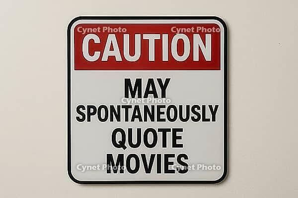 Humorous caution sign warning about the spontaneous quoting of movies, prominently displayed on a clean white wall, AI generated [IBR125421210]