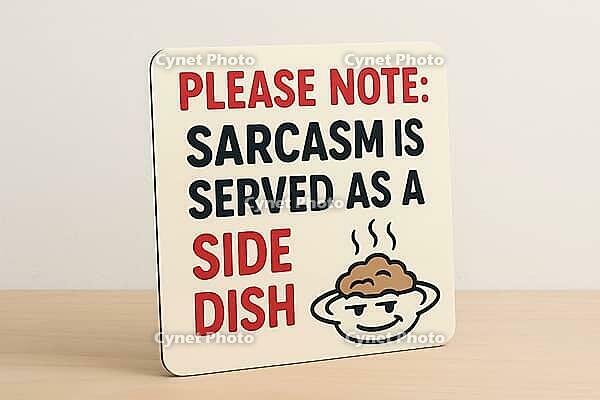 Funny sign standing on a wooden table, featuring the sentence sarcasm is served as a side dish and a steaming dish with a sarcastic face, AI generated [IBR125421216]