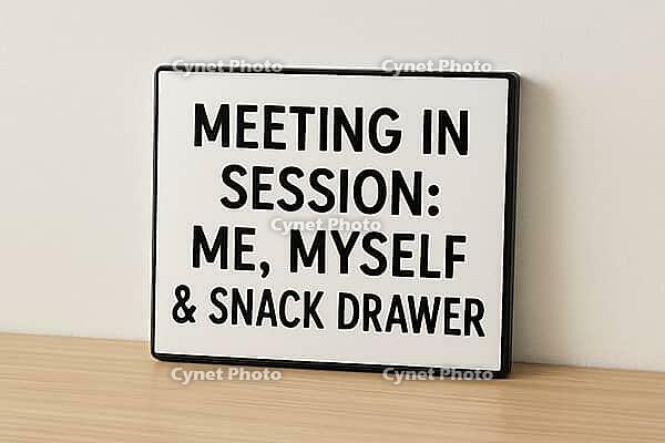Funny sign with the writing meeting in session, me, myself and snack drawer standing on a wooden desk against a white wall, AI generated [IBR125421217]