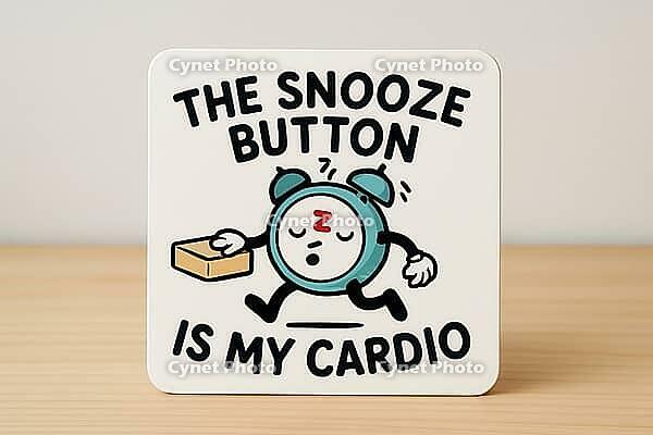 Funny illustration of a running alarm clock carrying a pillow representing the concept of snoozing and avoiding cardio, AI generated [IBR125421222]