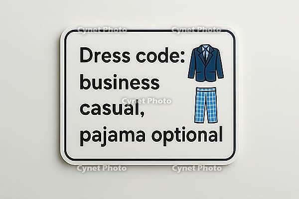 White rectangular sign displaying dress code options, including business casual attire and pajamas, promoting flexible and comfortable work environments, AI generated [IBR125421223]