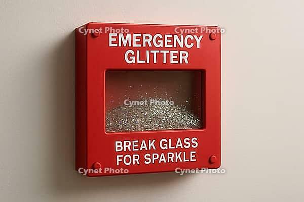 Red emergency glitter box hanging on a bright white wall, poised for breaking and unleashing a shower of sparkling brilliance, AI generated [IBR125421224]