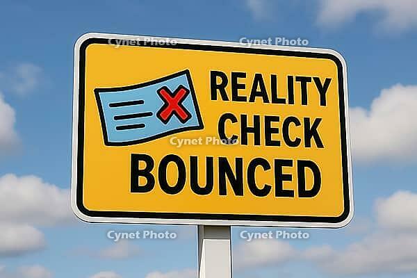 Yellow road sign displaying reality check bounced message, symbolizing disconnection from reality, against a cloudy sky, AI generated [IBR125421226]
