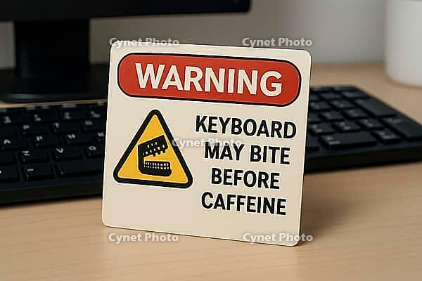 Humorous warning sign placed on an office desk, playfully indicating that the keyboard might bite before enjoying morning caffeine, AI generated [IBR125421229]