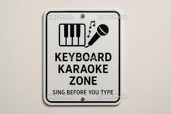 Sign promoting singing and fun in a designated keyboard karaoke zone, encouraging vocal expression before engaging in typing work, AI generated [IBR125421230]
