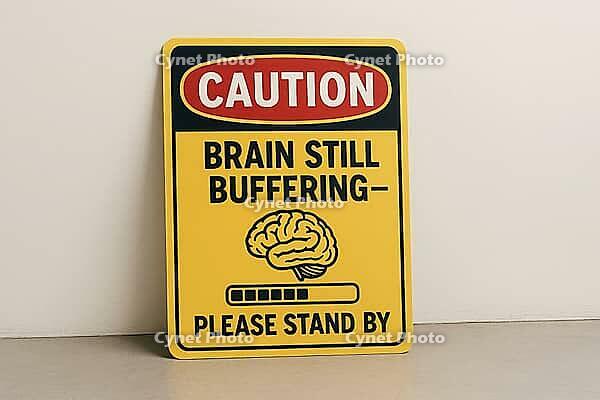 Yellow caution sign with loading bar and human brain indicating brain still buffering and asking to please stand by, AI generated [IBR125421231]