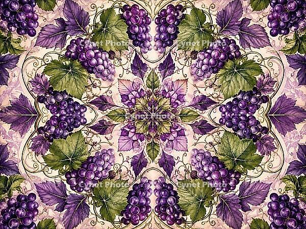 Symmetrical floral ornament with purple grapes and green leaves on a light background, ornate background, AI generated [IBR125421237]