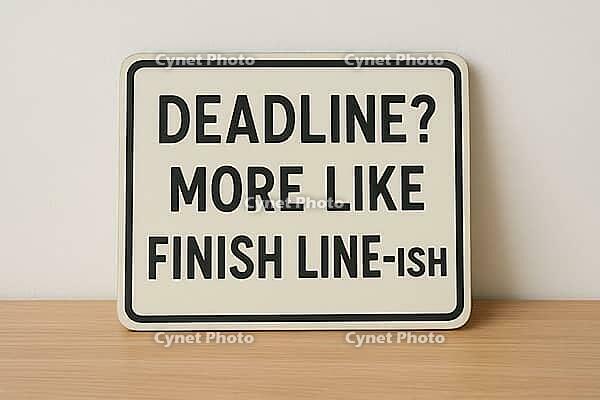 Funny quote about deadline and finish line encouraging office workers to be positive and productive, AI generated [IBR125421238]