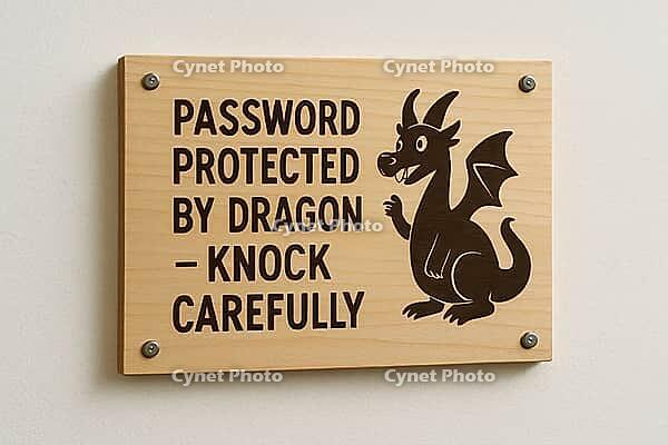 Password protection guarded by a dragon, featuring a wooden sign with a humorous warning to knock carefully before entering, AI generated [IBR125421240]