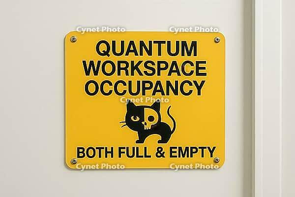 Yellow sign indicating quantum workspace occupancy with Schrodinger's cat both full and empty, AI generated [IBR125421244]