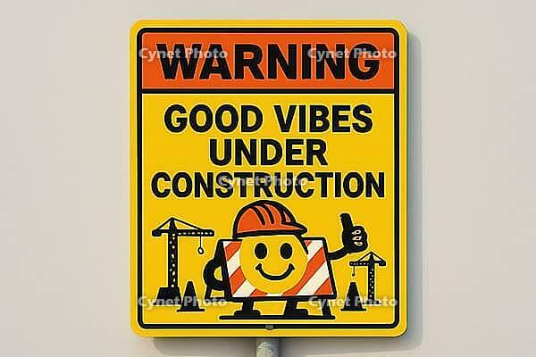 Yellow warning sign displaying good vibes under construction with a smiling face, cranes and traffic cones, conveying positivity and optimism during building works, AI generated [IBR125421246]