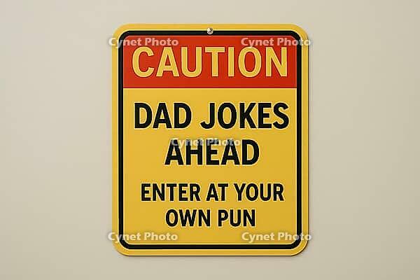 Yellow warning sign with black lettering cautioning about dad jokes ahead, inviting to enter at your own pun, hanging on a white wall, AI generated [IBR125421248]