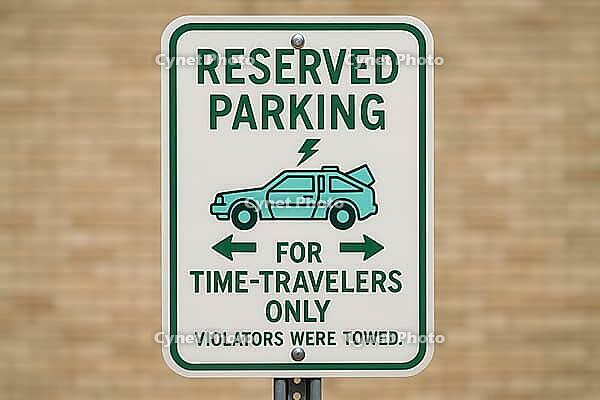 Close up of a funny reserved parking sign for time travelers only, featuring a stylized car with an open trunk and a lightning bolt, AI generated [IBR125421249]