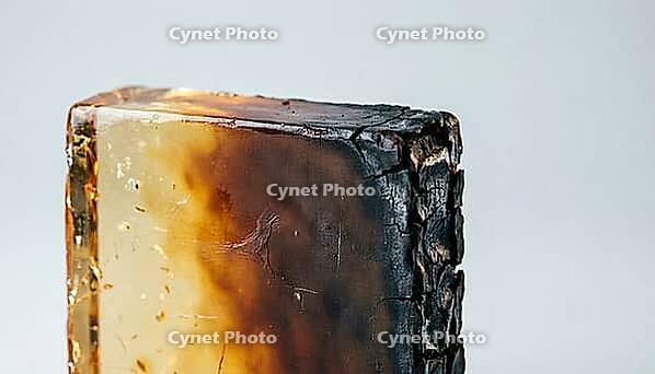 Close-up of translucent amber epoxy resin edge showing thermal degradation gradient from clear to charred, semiconductor materials science macro photography, thermal endurance concept, AI generated [IBR125421252]