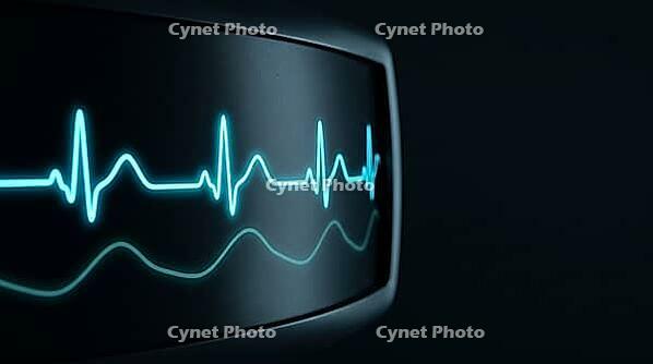 Abstract glowing cyan and teal vital signs waveform display with no readable numbers, dark curved surface, cardiac monitoring concept, clinical macro photography, AI generated [IBR125421253]