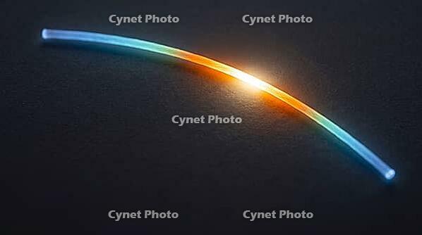 Abstract glowing blue to white yellow stress concentration gradient along a curved fiber line, dark background, aramid fiber engineering stress analysis concept, AI generated [IBR125421275]