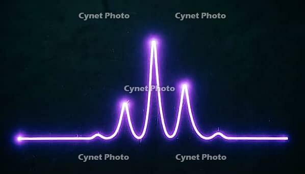 Abstract glowing violet mass spectrometry data trace with three sharp peaks on a dark background, no readable labels, analytical chemistry data visualization concept, AI generated [IBR125421276]