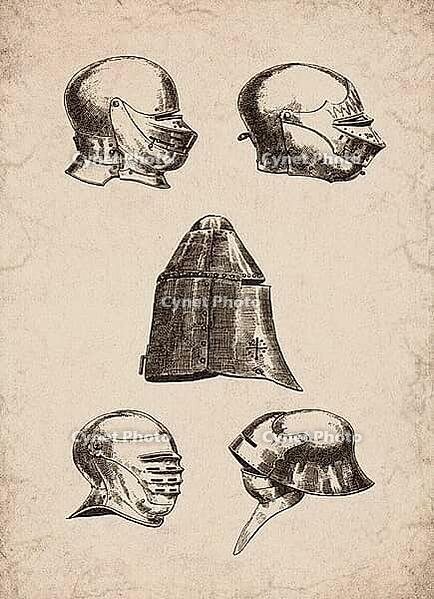 Medieval and Renaissance Helmets and Visors Historical Engraving, Digitally Remastered and Enhanced [IBR125421616]