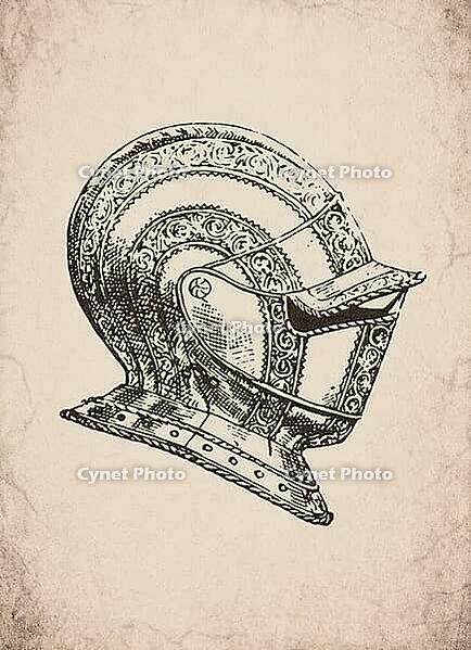 Renaissance Scrollwork Etched Knight Helmet Armor Military History Illustration, Digitally Remastered and Enhanced [IBR125421619]