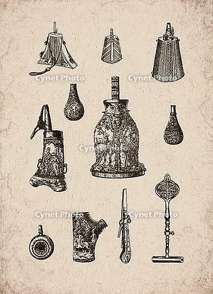 Engraved Historic Ornate Powder Flasks, Chargers, and Accessories Historical Engraving, Digitally Remastered and Enhanced [IBR125421620]