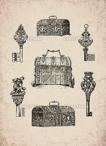 Engraved Historic Ornate Iron Caskets and Decorative Keys Historical Engraving, Digitally Remastered and Enhanced [IBR125421625]