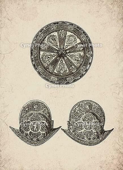 Engraved Renaissance Ornate Parade Shield and Morion Helmets Historical Engraving, Digitally Remastered and Enhanced [IBR125421632]
