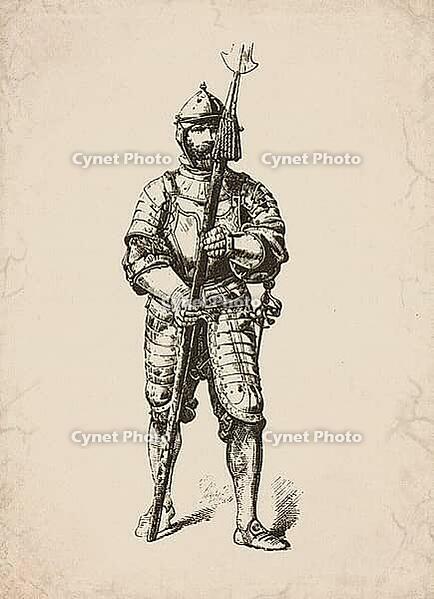 Renaissance Halberdier Soldier in Armour Historical Engraving, Digitally Remastered and Enhanced [IBR125421645]
