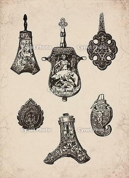 Engraved Historic Ornate Shaped Powder Flasks and Primers Historical Engraving, Digitally Remastered and Enhanced [IBR125421653]
