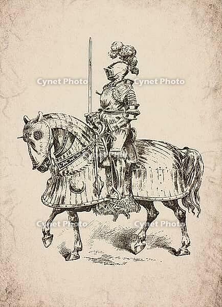 Mounted Knight in Full Armour with Barding Historical Engraving, Digitally Remastered and Enhanced [IBR125421672]