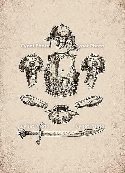 Engraved Renaissance Cuirass, Helmet, and Sword Elements Historical Engraving, Digitally Remastered and Enhanced [IBR125421674]