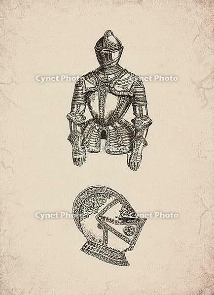 Engraved Renaissance Cuirass and Helmet Historical Engraving, Digitally Remastered and Enhanced [IBR125421675]