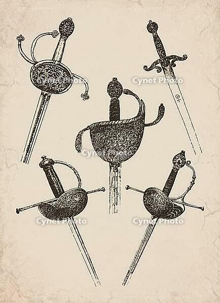 Engraved Historic Ornate Cup-Hilt Rapiers and Swords Historical Engraving, Digitally Remastered and Enhanced [IBR125421690]