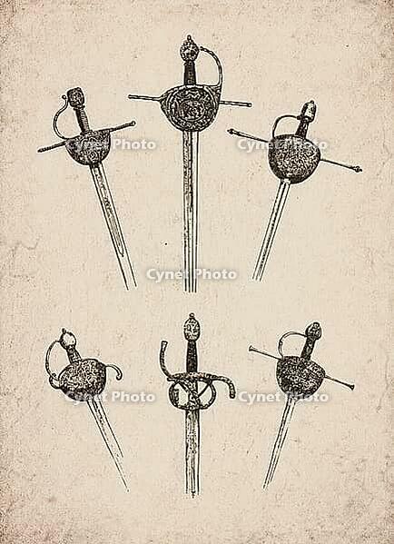 Engraved Historic Ornate Cup-Hilt Rapiers and Swords Historical Engraving, Digitally Remastered and Enhanced [IBR125421694]