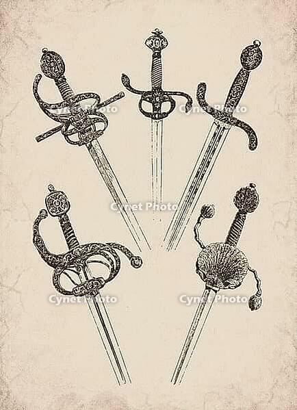 Engraved Historic Ornate Rapiers and Swords Historical Engraving, Digitally Remastered and Enhanced [IBR125421695]