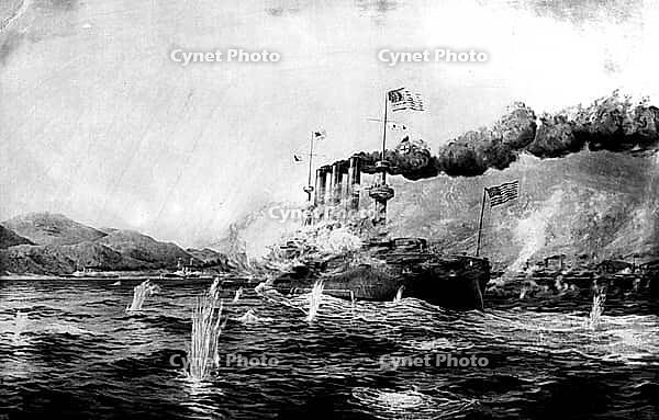 The armoured cruiser USS Brooklyn (ACR-3) during the naval battle off Santiago de Cuba on 3 July 1898. The image captures the dramatic moment when the American ship is travelling at full steam, whilst enemy shells strike the water around it, creating whit [IBR125423468]
