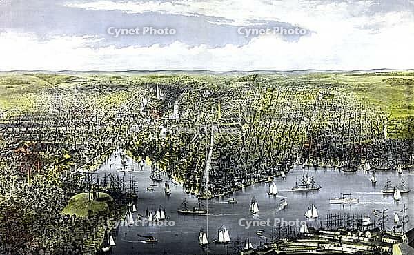 A view over the port city of Baltimore (Maryland) . In the foreground, numerous sailing ships, steamboats and cargo ships bring the harbour area to life. Behind them lies the city's dense network of streets, with its distinctive brick buildings, churches, [IBR125423471]