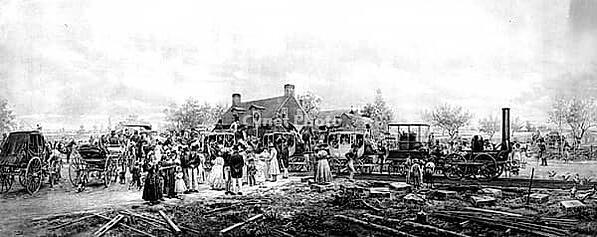 The historic maiden voyage of the legendary DeWitt Clinton steam locomotive on August 9, 1831. This was the first regular journey of a steam-powered passenger train in the state of New York, on the route between Albany and Schenectady, American history, a [IBR125423509]