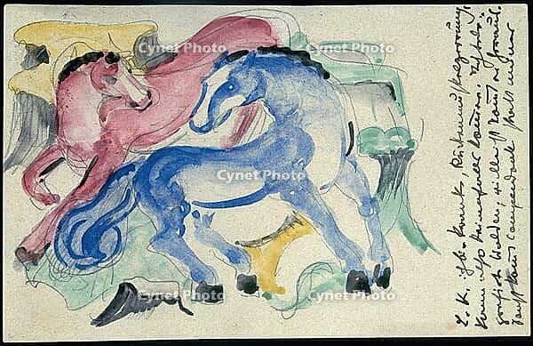 Red and Blue Horse, 1913, artwork by Franz Moritz Wilhelm Marc (born 8 February 1880 in Munich, died 4 March 1916 in Braquis near Verdun, France), a German painter, draughtsman and printmaker. He is regarded as one of the most important painters of Expres [IBR125424494]