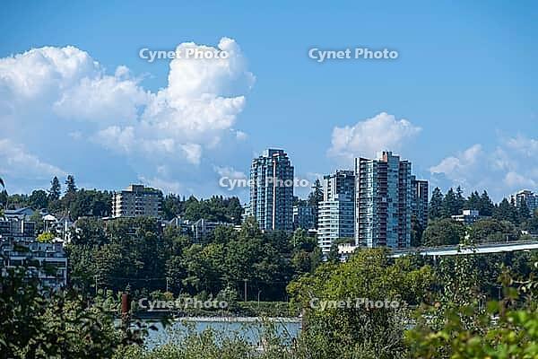 A panoramic view of a vibrant urban landscape featuring contemporary high-rise buildings nestled amongst dense green foliage under a bright sky, Garry Point park, Richmond, BC, Canada [IBR125424502]