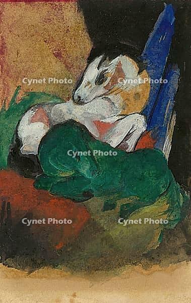 Green and White Horse, 1913, artwork by Franz Moritz Wilhelm Marc (born 8 February 1880 in Munich, died 4 March 1916 in Braquis near Verdun, France), German painter, draughtsman and graphic artist. He is regarded as one of the most important painters of E [IBR125424509]