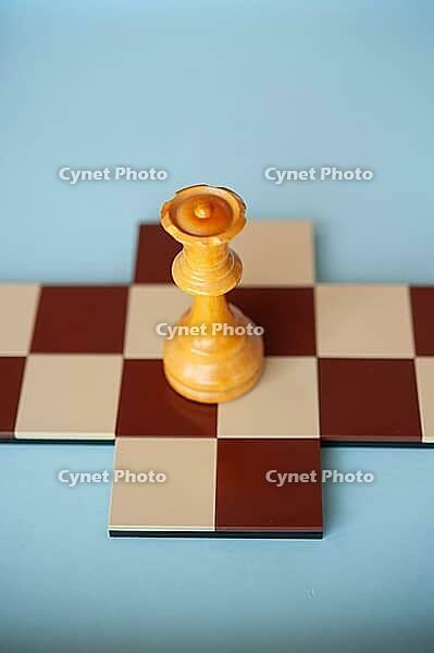 A single queen on a small chessboard with a light blue background [IBR125424521]