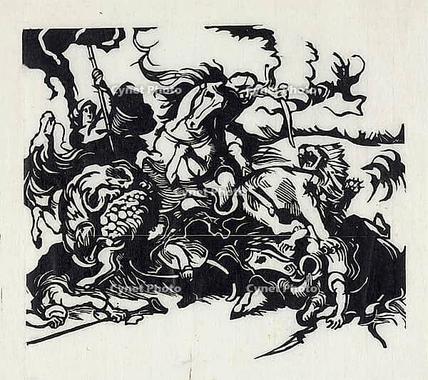 Lion Hunt for Delacroix, 1913, artwork by Franz Moritz Wilhelm Marc (born 8 February 1880 in Munich, died 4 March 1916 in Braquis near Verdun, France), a German painter, draughtsman and graphic artist. He is regarded as one of the most significant painter [IBR125424522]