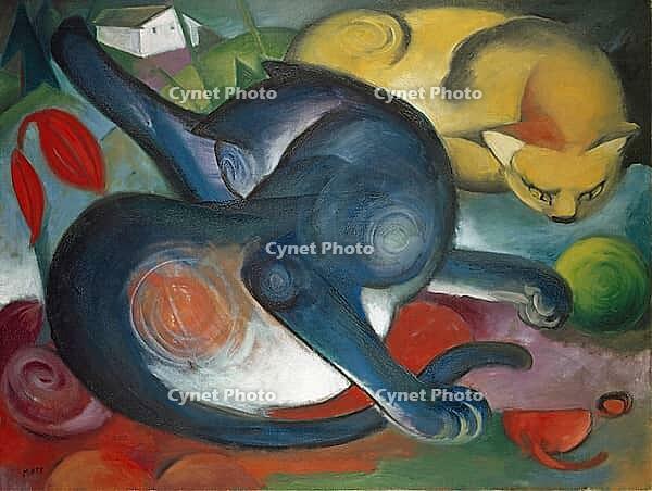 Two Cats, Blue and Yellow, 1912, artwork by Franz Moritz Wilhelm Marc (born 8 February 1880 in Munich, died 4 March 1916 in Braquis near Verdun, France), German painter, draughtsman and graphic artist. He is regarded as one of the most significant painter [IBR125424527]